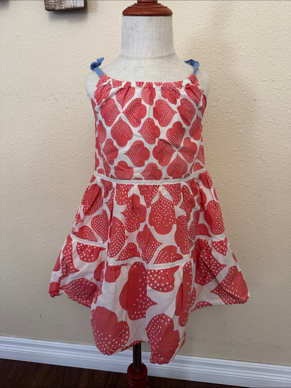 Mini Boden Red Print Tiered Kids Cotton Summer Dress Size 2-3Y
